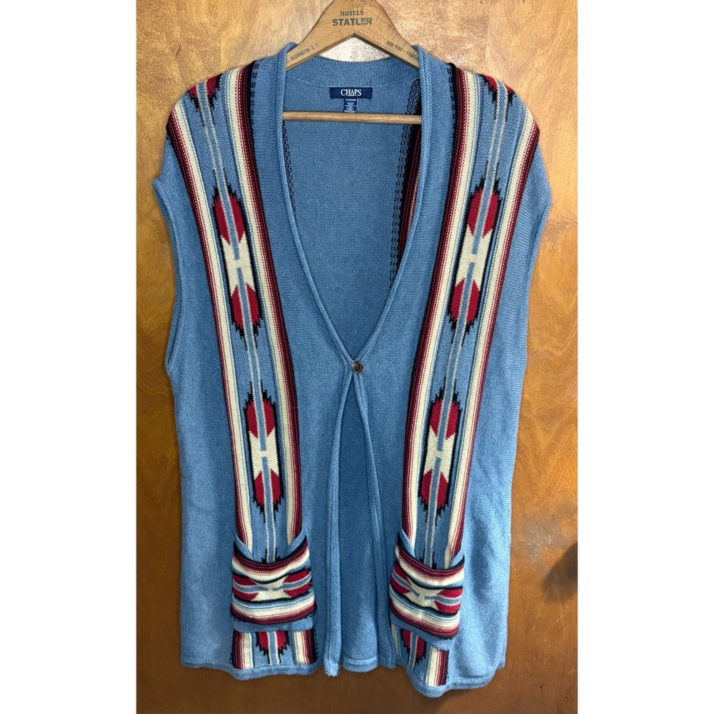 VINTAGE Chaps Blue Southwestern One Button Sweater Vest 1X Longline Western Y2K